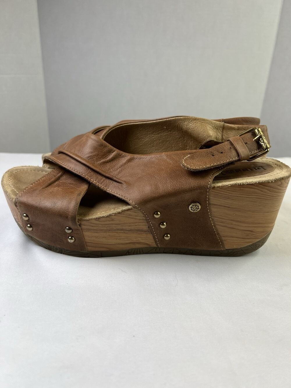 Bussola Formentera Slingback Carpetto Papaya 8 Leather Tan Studded Wedge Sandals